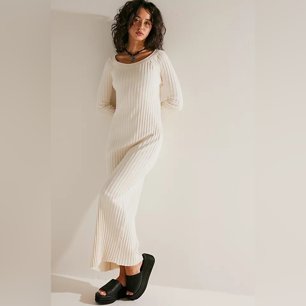 Free People Cream Ribbed Long Sleeve Maxi Dress
